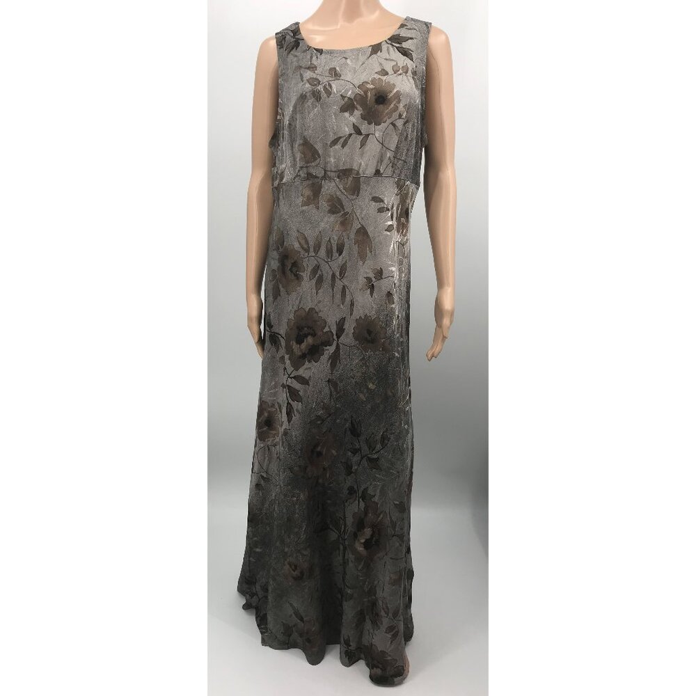 Vintage All That Jazz Sleeveless Silver Brown Gray Floral Maxi Dress Size 13/14